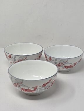 SF Marked glazed Porcelain Bowls with Red Floral&Fish Motif Japanese Set of 3
